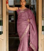 Dusty pink silk blend polka dots stripes print golden zari border saree