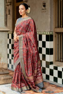Maroon silk blend ajrakh print golden zari border saree 5