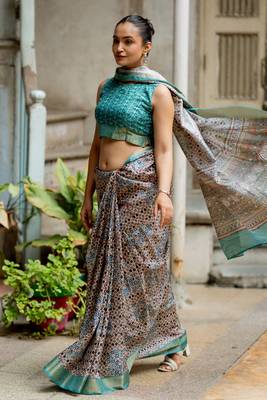 Taupe silk blend geometric print golden zari border saree 5