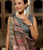 Dusty rose pink silk blend floral print golden zari border saree