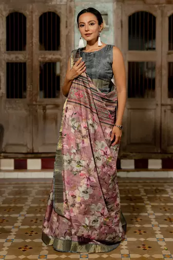 Dusty rose pink silk blend floral print golden zari border saree