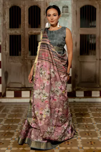 Dusty rose pink silk blend floral print golden zari border saree