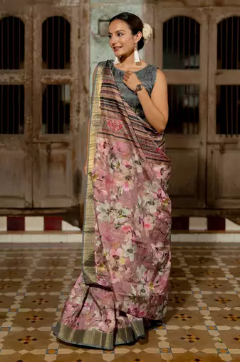 Dusty rose pink silk blend floral print golden zari border saree