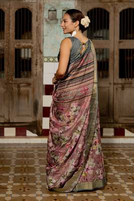 Dusty rose pink silk blend floral print golden zari border saree 6