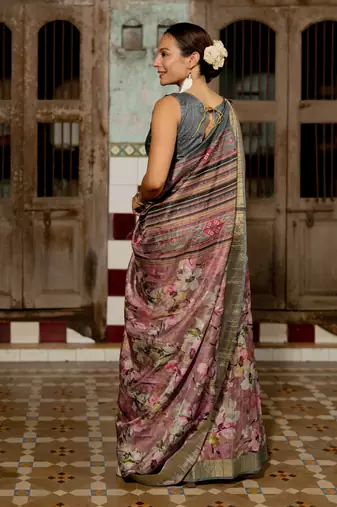 Dusty rose pink silk blend floral print golden zari border saree