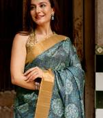 Grey silk blend ajrakh print golden zari border saree