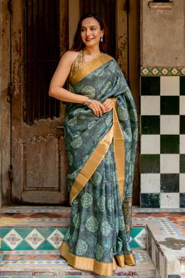 Grey silk blend ajrakh print golden zari border saree 3