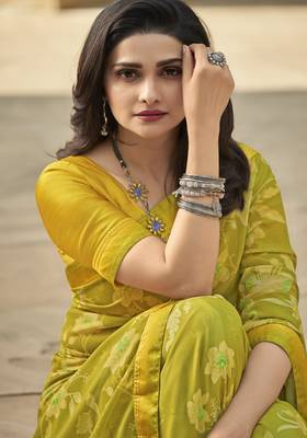 Olive Prachi Georgette silk bland all over printed & Lace Border saree with Blouse 2