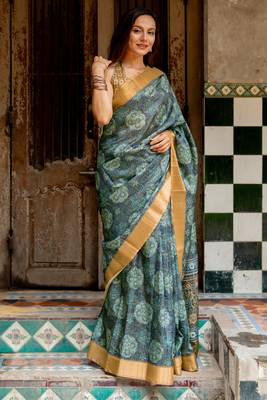 Grey silk blend ajrakh print golden zari border saree 4