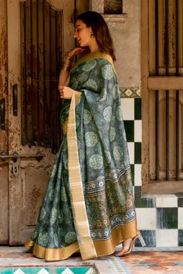 Grey silk blend ajrakh print golden zari border saree 5