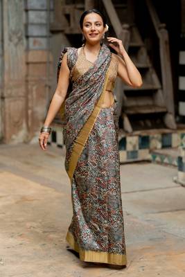 Greyish blue silk blend floral print golden zari border saree 1