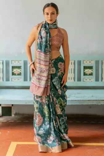 Rama green silk blend floral print golden zari border saree
