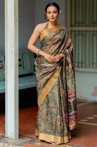 Green silk blend floral print golden zari border saree