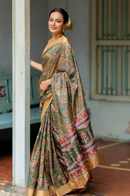 Green silk blend floral print golden zari border saree 5