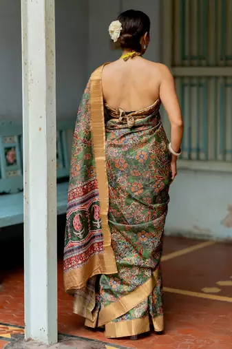 Green silk blend floral print golden zari border saree