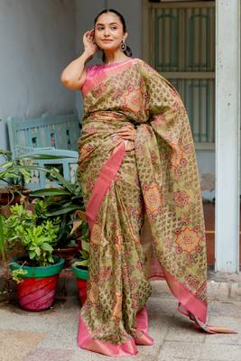 Light olive green silk blend ajrakh print floral print golden zari border saree 3