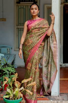 Light olive green silk blend ajrakh print floral print golden zari border saree 4