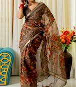 Coffee brown kota doria polyester floral print batik print golden zari border saree
