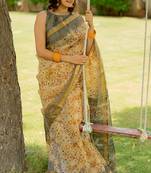 Pastel yellow kota doria polyester geometric print golden zari border saree
