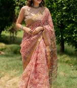 Light peach kota doria polyester geometric print golden zari border saree