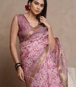 Off white kota doria polyester geometric print golden zari border saree