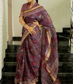 Dusty wine kota doria polyester floral print batik print golden zari border saree