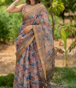 Light peach kota doria polyester floral print golden zari border saree
