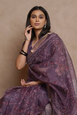 Wine kota doria polyester floral print golden zari border saree 1
