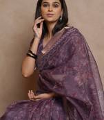 Wine kota doria polyester floral print golden zari border saree