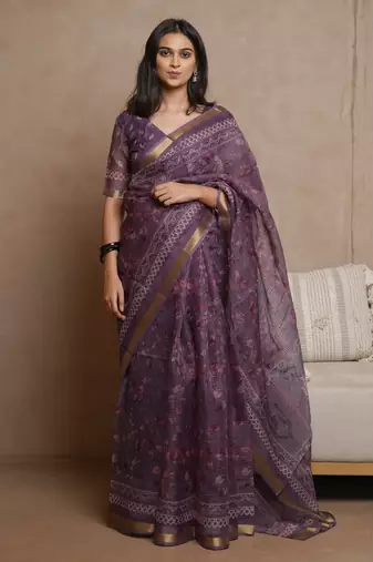Wine kota doria polyester floral print golden zari border saree