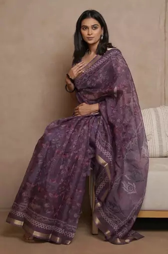 Wine kota doria polyester floral print golden zari border saree