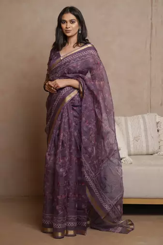 Wine kota doria polyester floral print golden zari border saree