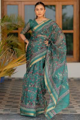 Teal kota doria polyester floral print golden zari border saree 2