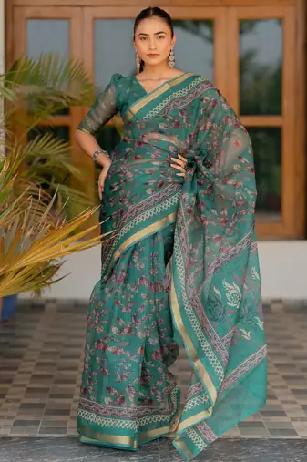 Teal kota doria polyester floral print golden zari border saree