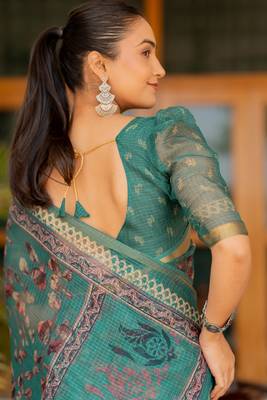 Teal kota doria polyester floral print golden zari border saree 5