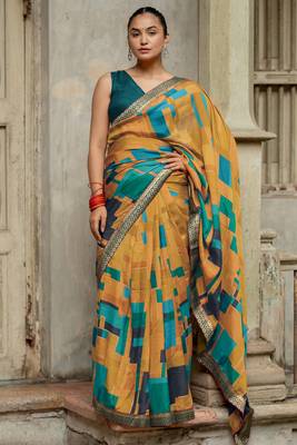 Mustard vichitra silk silk blend geometric print lace border saree 3