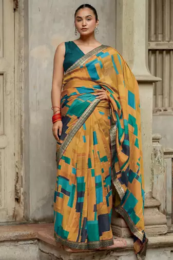 Mustard vichitra silk silk blend geometric print lace border saree