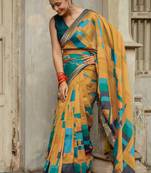 Mustard vichitra silk silk blend geometric print lace border saree