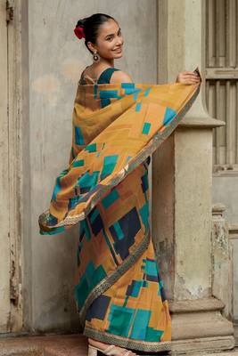 Mustard vichitra silk silk blend geometric print lace border saree 5