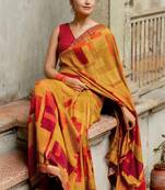 Mustard vichitra silk silk blend geometric print lace border saree