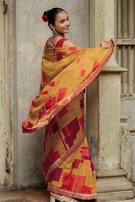 Mustard vichitra silk silk blend geometric print lace border saree 5