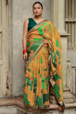 Mustard vichitra silk silk blend geometric print lace border saree 3