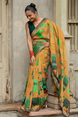 Mustard vichitra silk silk blend geometric print lace border saree 1
