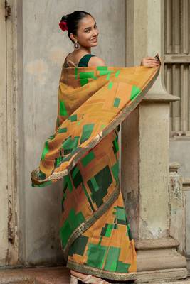 Mustard vichitra silk silk blend geometric print lace border saree 5