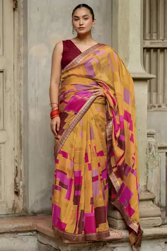 Mustard vichitra silk silk blend geometric print lace border saree