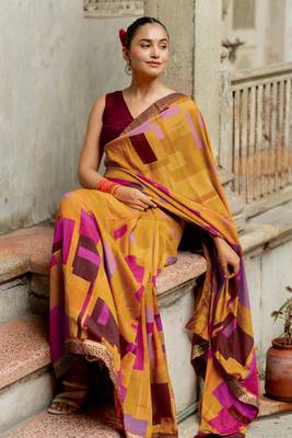 Mustard vichitra silk silk blend geometric print lace border saree 1