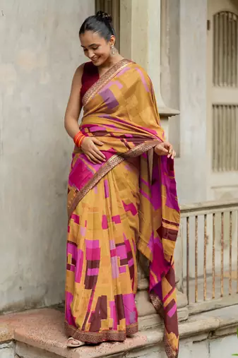 Mustard vichitra silk silk blend geometric print lace border saree
