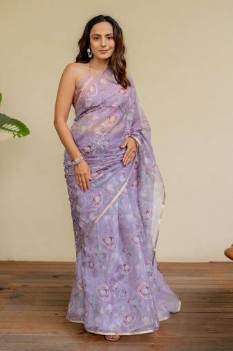 Light dusty purple organza floral print golden gota work golden border saree