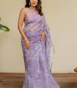 Light dusty purple organza floral print golden gota work golden border saree