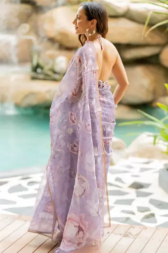 Light dusty purple organza floral print golden gota work golden border saree